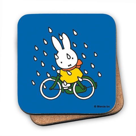 Miffy on Her Bike in the Rain Cork Coaster